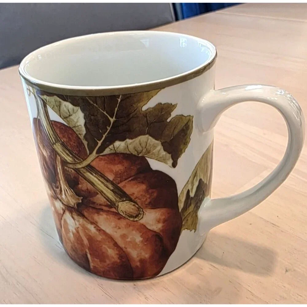 WILLIAMS-SONOMA LARGE COFFEE MUG SQUASH/ FLOWER MOTIF 4”